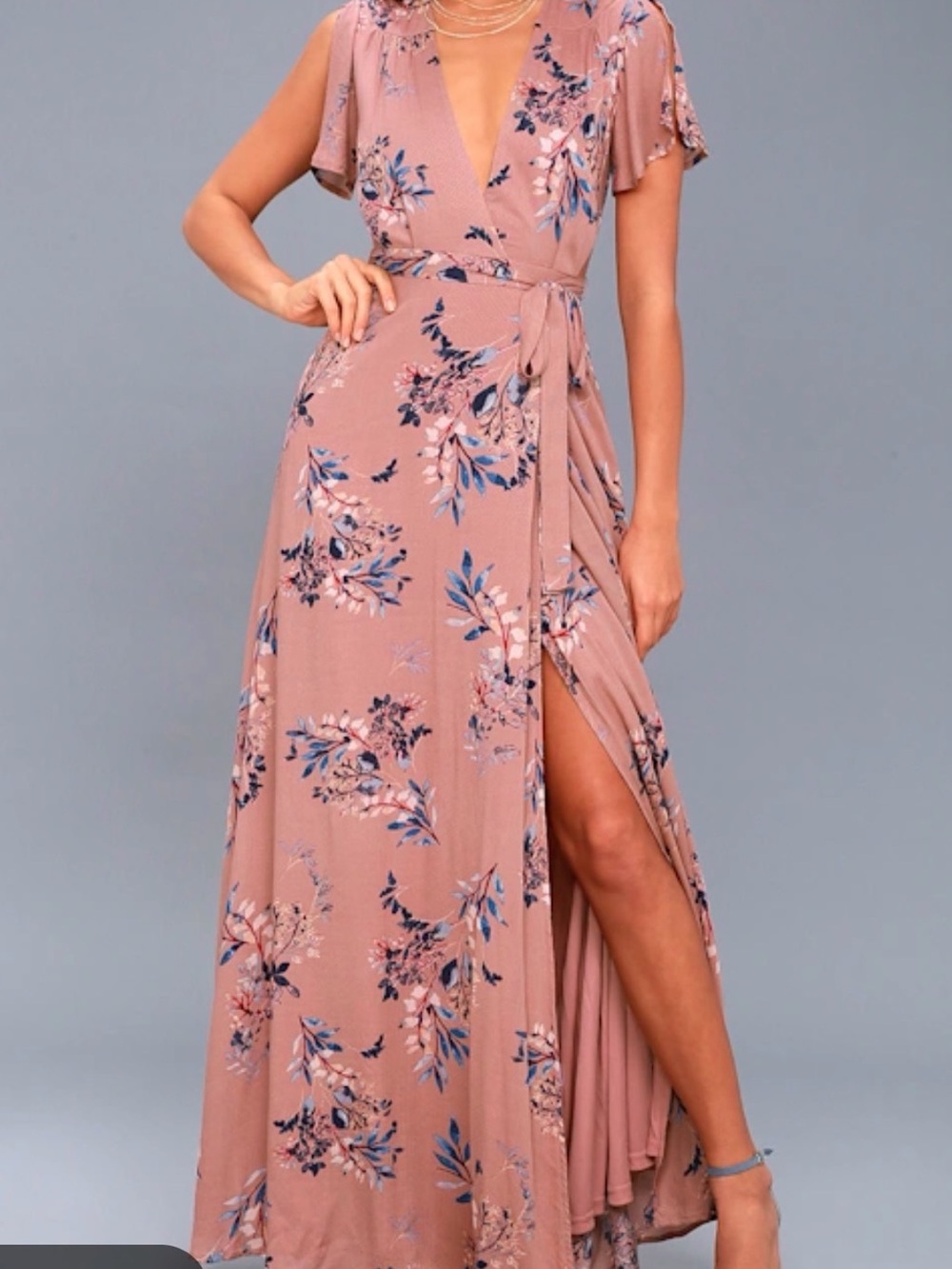 Lulus Dusty Rose Romantic Floral Wrap Maxi Dress Sundress Boho S Spring Summer